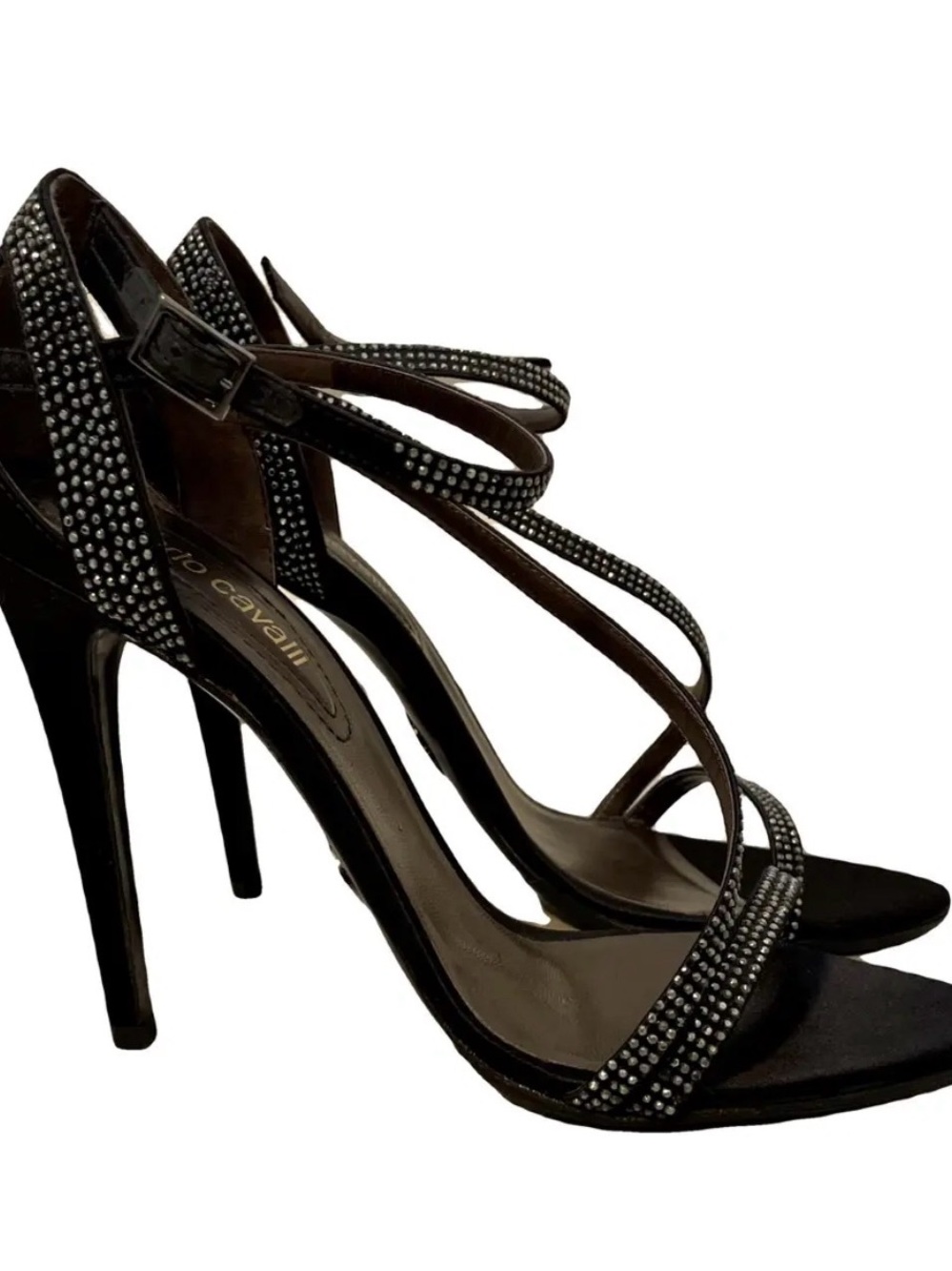 Roberto Cavalli Crystal Embellished Black Strappy Heels Glam Evening Shoes
